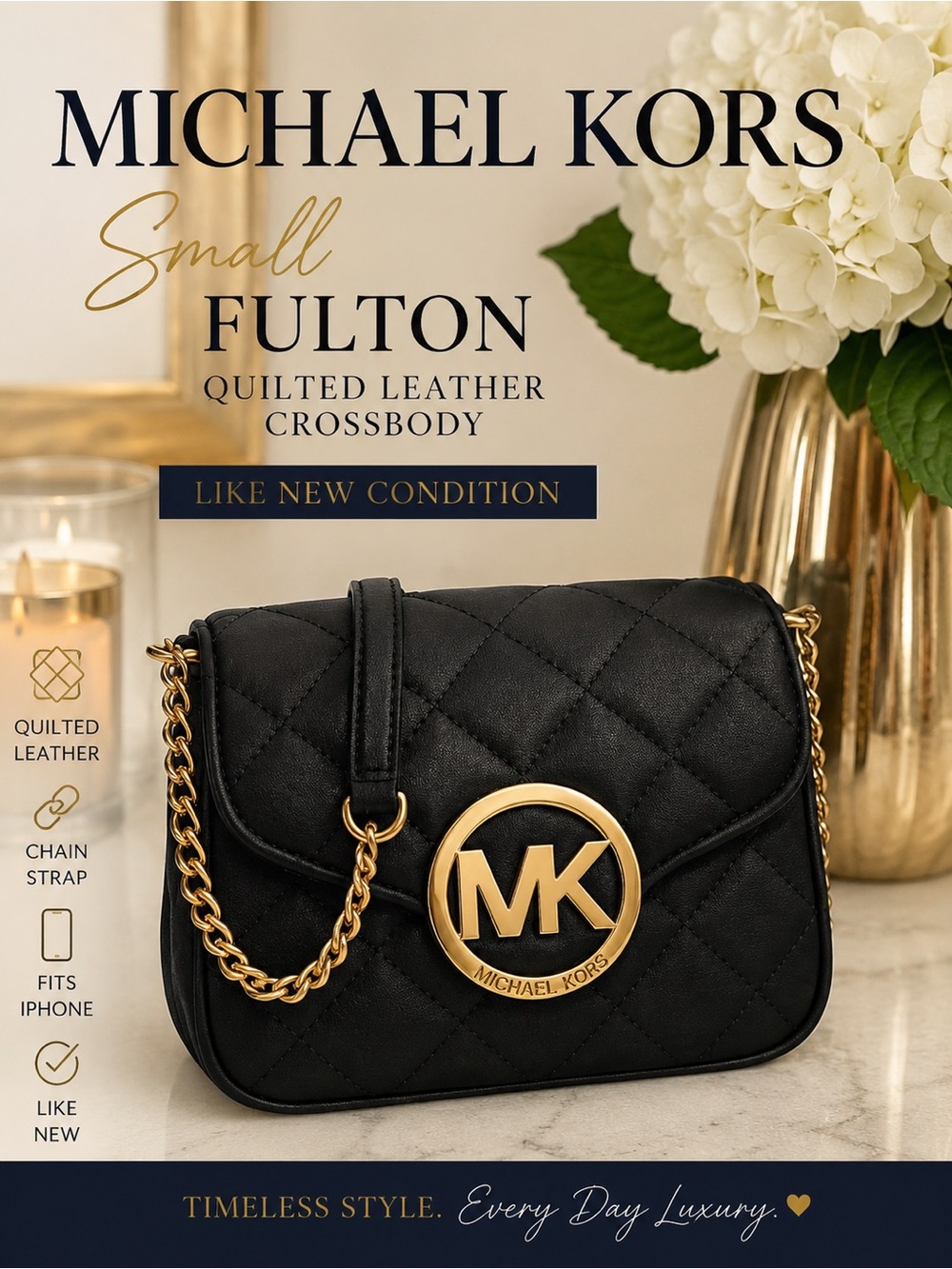 Michael Kors Fulton  Black Quilted‎ Chain Crossbody Bag | Exterior Phone Pocket